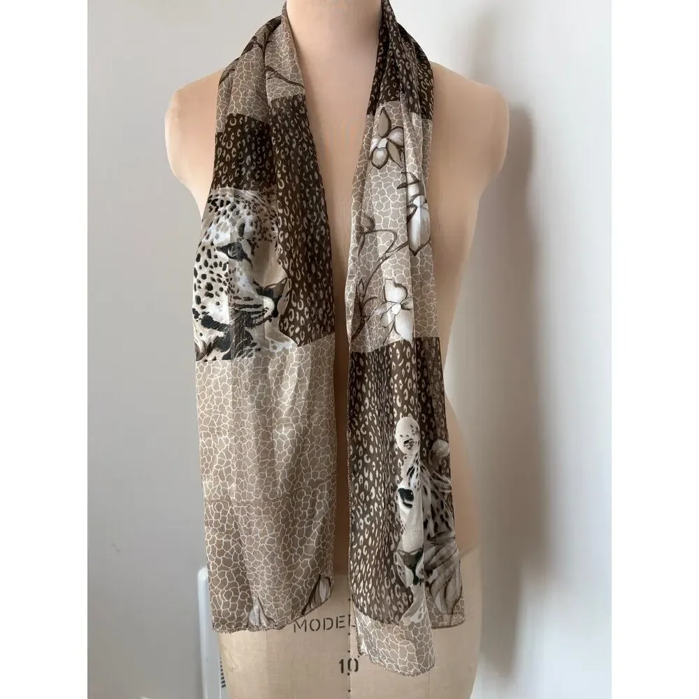 Silky Brown Tones Neck Scarf Patchwork Floral Leopard Giraffe Animal Print